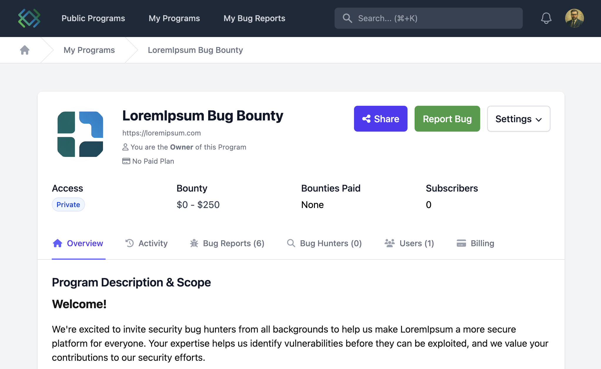 Screenshot of Bugbop new program creation form