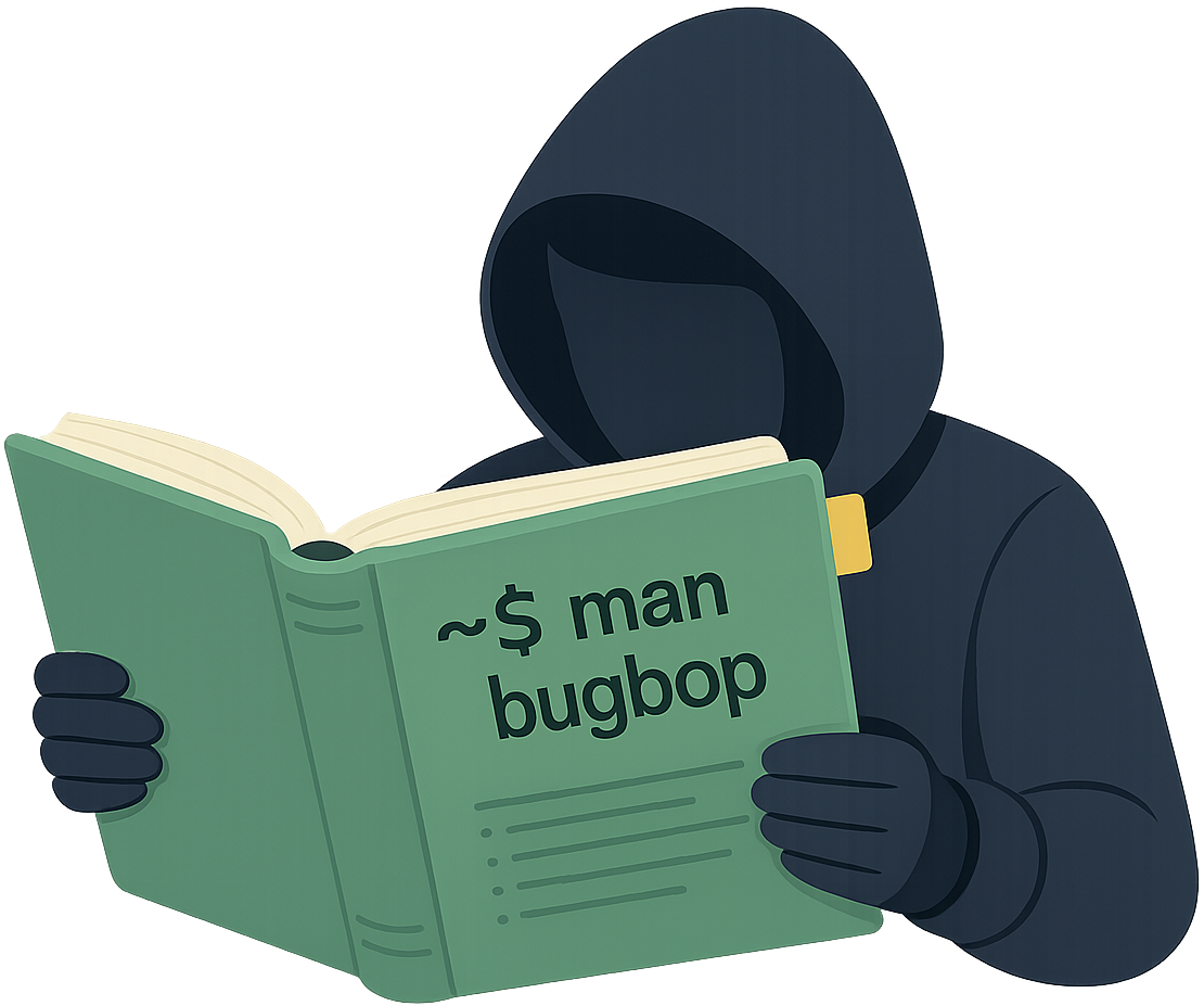 A hooded figure in dark clothing reads a green technical manual titled “~$ man bugbop.” The character’s face is hidden in shadow, with only their hands and the open book visible. A small yellow bookmark peeks from the book, and the clean, minimalist style evokes a hacker quietly studying documentation.
