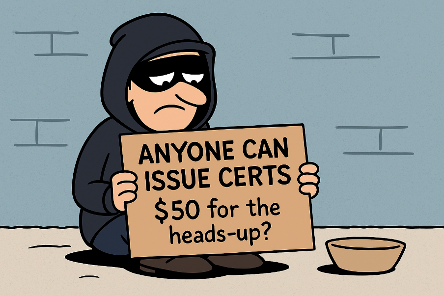 Cartoon-style illustration of a sad hacker in a black hoodie and eye mask sitting on the ground against a light blue brick wall. He's holding a cardboard sign that reads: 'ANYONE CAN ISSUE CERTS – $50 for the heads-up?' A small empty bowl sits beside him, suggesting he's begging for a bug bounty.