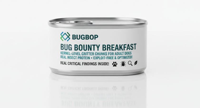 A silver pet food can labeled BUGBOP Bug Bounty Breakfast. The label reads “Kernel-level critter chunks for adult dogs – Real insect protein – Exploit-free & optimized!” and “Real critical findings inside!” with small icons of a paw print, bug, magnifying glass, and leaf. The design humorously blends cybersecurity and dog food branding.