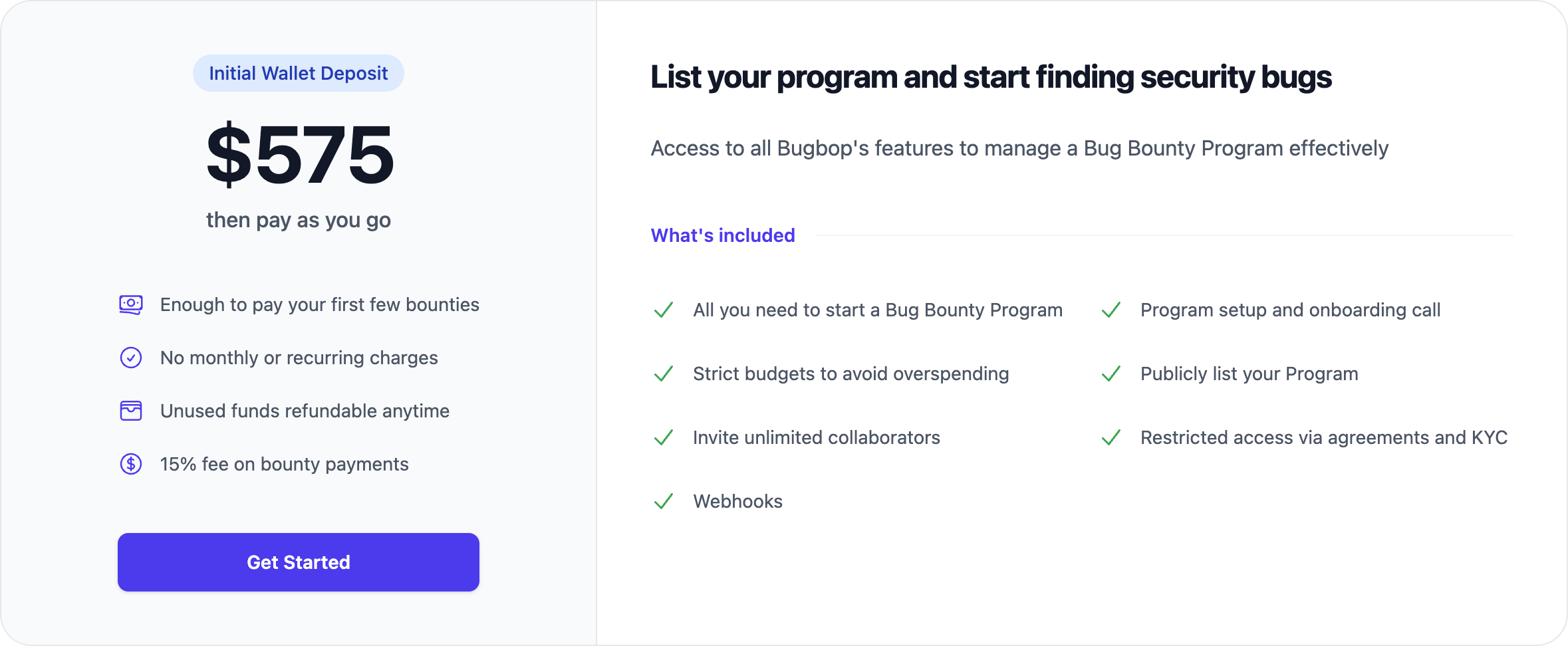 Bugbop pricing page showing the $575 one-time payment which includes $500 in bounty credits